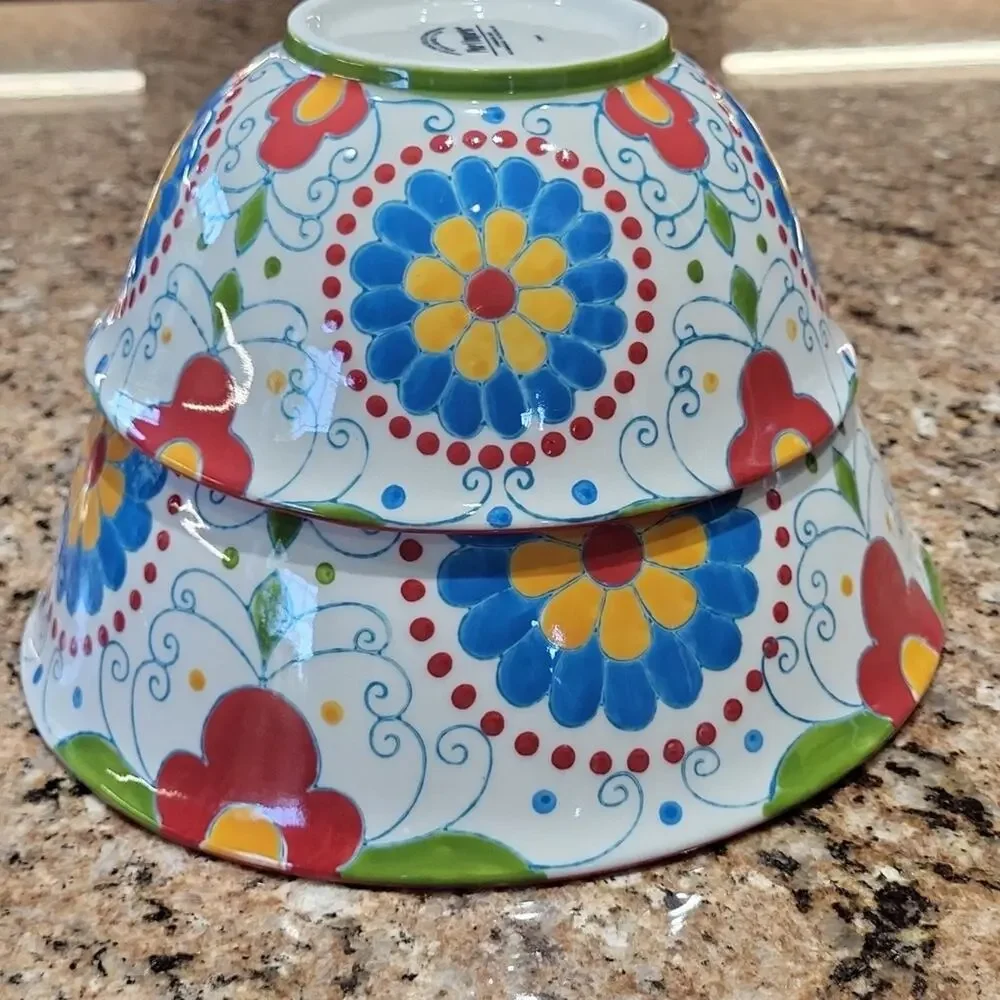Pier 1 Floral Ceramic Bowls with Red and Blue Accents (Set Of 2)